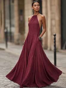 Women's Sleeveless Dress With Pockets Party Elegant Summer - Burgundy - View 1
