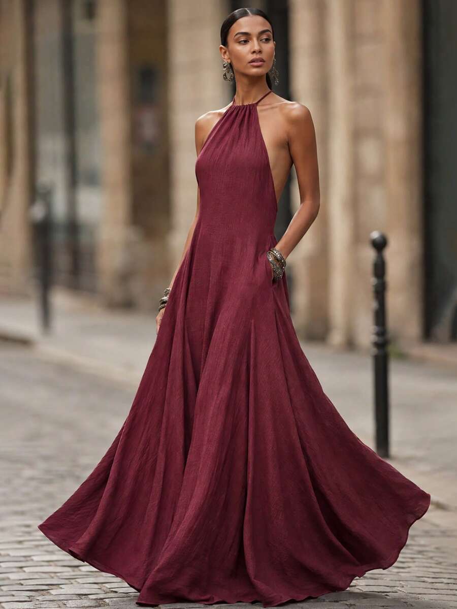 Women's Sleeveless Dress With Pockets Party Elegant Summer - Burgundy - View 1