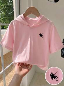 1pc Girls Toddler Summer Hooded Short Sleeve T-Shirt, Solid Color Casual Sports Versatile Top - Pink - View 1