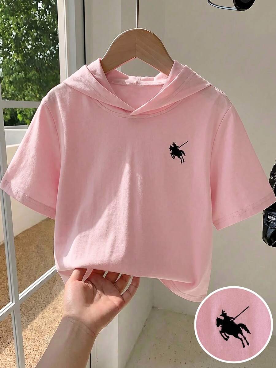 1pc Girls Toddler Summer Hooded Short Sleeve T-Shirt, Solid Color Casual Sports Versatile Top - Pink - View 1