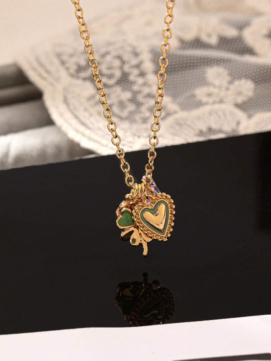 European And American Sweet Style Heart & Butterfly Pendant Necklace, Light Gold Rhinestone Multi-Charm Collarbone Chain, Cross-Border Jewelry - Multicolor - View 1