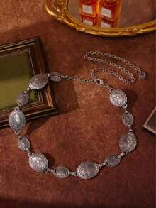 1pc Women's Metal Engraved Floral Bohemian Western Vintage Waist Chain Casual Versatile - Silver - View 4