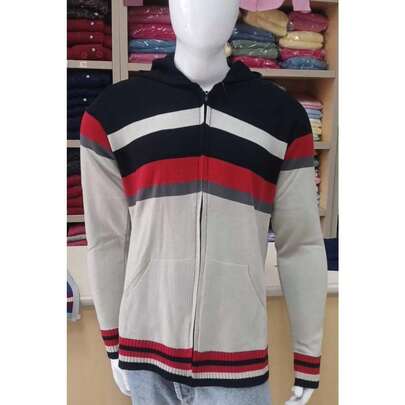 Jaqueta de Tricô Masculina com Capuz em Lã Acrílica Listrada Casual Inverno Elegante
