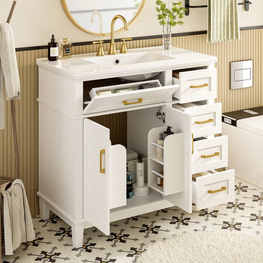 White Lacquered Bathroom Vanity Unit - Double Door Shelf - 90 X 46 X 87 Cm - 白色 - 查看 1