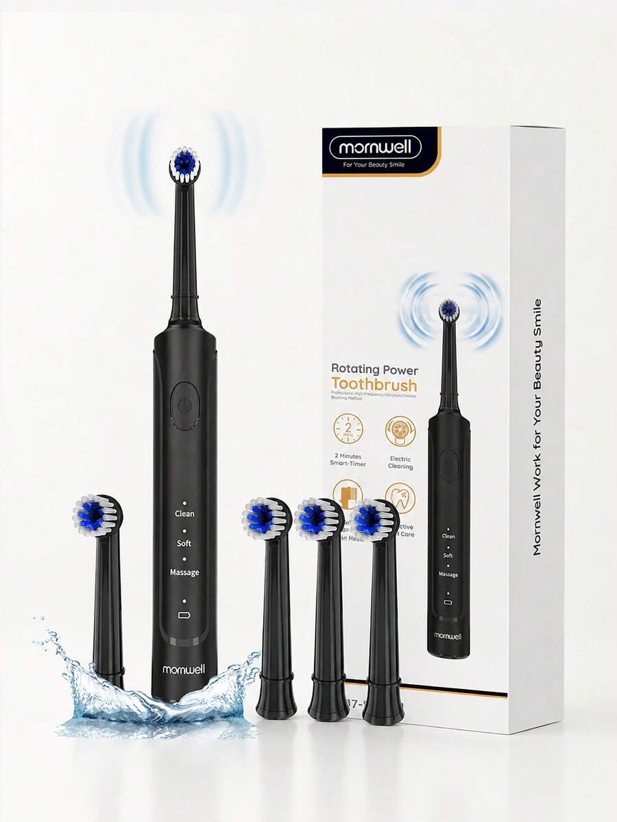 Mornwell T37 旋轉電動牙刷，可充電旋轉牙刷套組，3 種模式，4 個圓形刷頭，IPX7 防水 USB 快充，適用於成人、牙套、居家、旅行、禮品和日常護理