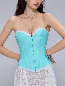 Women's Floral Lace Trim Corset Top, Waist-Cinching Body-Shaping Bustier, Sexy Jacquard Vintage Corset, Halloween Costume, Cosplay, Blue Corset Top - Mint Blue - View 3