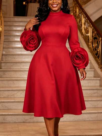 AOMEI Elegant Red A-Line Autumn/Winter Dress Women High Neck Long Sleeve 3D Floral Wedding Guest Evening Party Dress Formal Occasion Birthday Fall