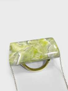 Women's Green Marble Pattern Evening Clutch, Rectangular Top Handle Bag, Gold D-Shaped Handle, Suitable For Weddings, Parties, Formal Occasions - Green - View 9