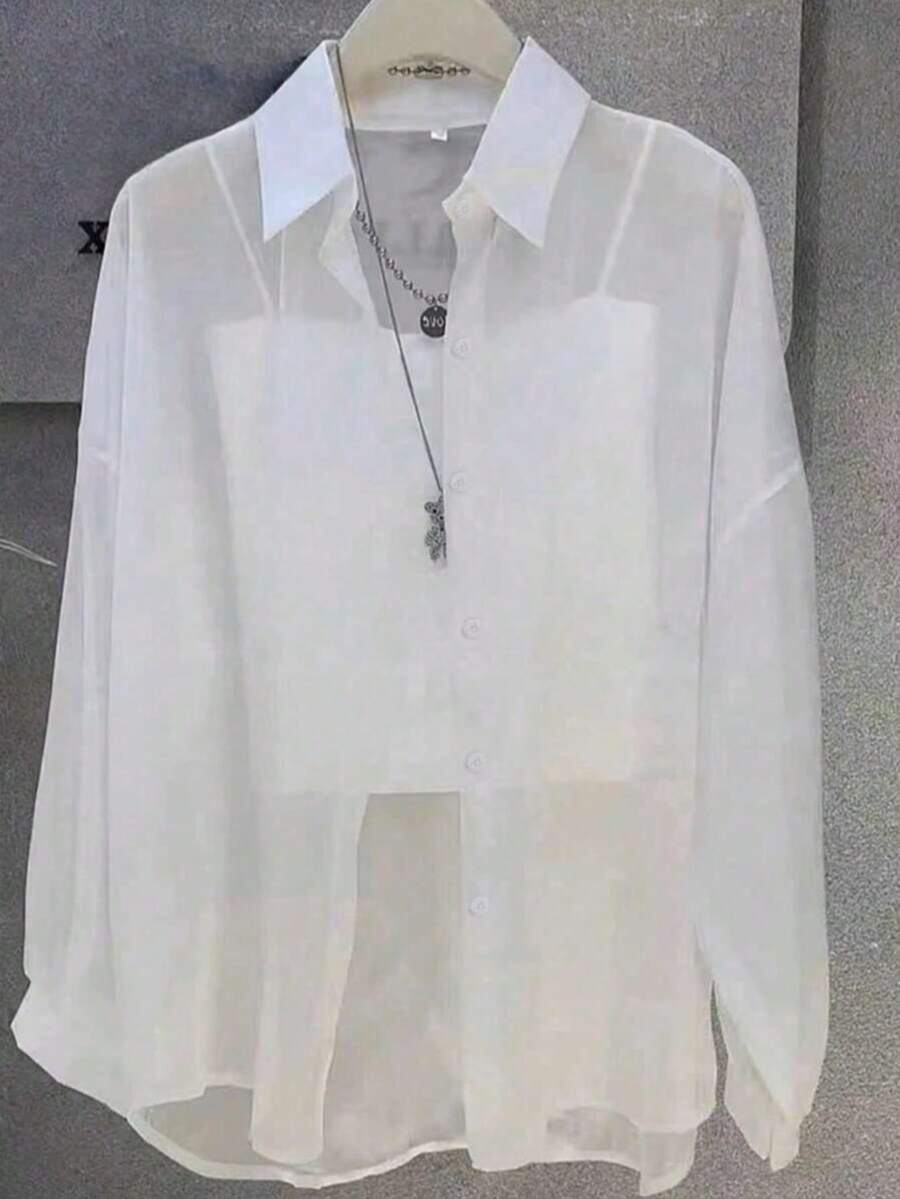大尺碼女款純色前扣捲袖雪紡襯衫,輕盈透氣優雅辦公派對春夏上衣 - 白色 - 查看 1
