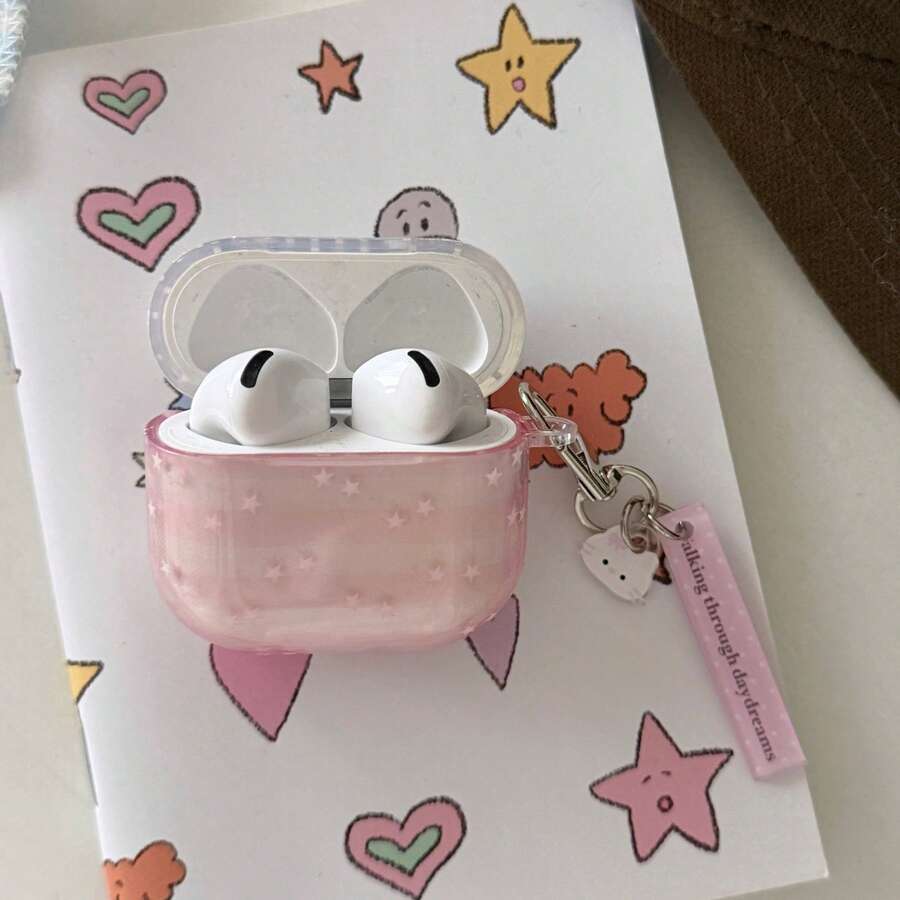 Étui d'écouteurs transparent rose rayé avec pendentif étoile créatif et à la mode, compatible avec Pro 3, New Pro 2, Apple 4, 1/2 génération, housse de protection minimaliste et mignonne, étui d'écouteurs personnalisé pour filles, printemps/été, cadeau d'anniversaire/cadeau de vacances