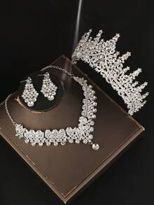 Sparkling Silver Bridal Set, Exquisite High Crown With Diamonds, Includes Luxurious Necklace And Pendant Earrings, Designed For Grand Wedding Day - Silver - View 3