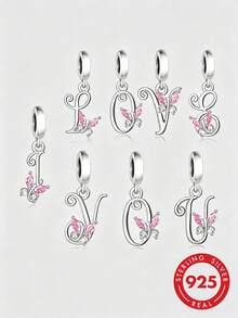 HuooNew 1pc 925 Sterling Silver Beautiful Butterfly Cubic Zirconia Encrusted English Letter Pendant, Suitable For Men And Women, Party & Gift - Silver - View 10
