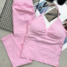 2pcs Women's Fitness Workout Set, Seamless Yoga Halter Top, High Waist Butt-Flattering Leggings, Gym Training Sportswear Pink - Pink - View 4