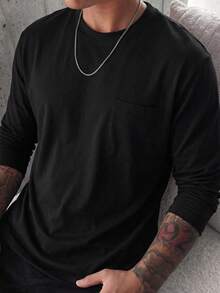 Men's Minimalist Pocket Decor Crew Neck Long Sleeve T-Shirt, Spring/Autumn Basic Solid Color Casual Daily Inner Layer Base Top - Black - View 2