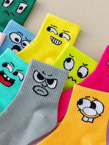 10 Pairs Random Mixed Color Kids Socks, Cartoon Cute Expression Pattern, Baby Boys & Girls, Japanese Style Versatile Mid-Calf Socks For Children & Teens - Multicolor - View 7