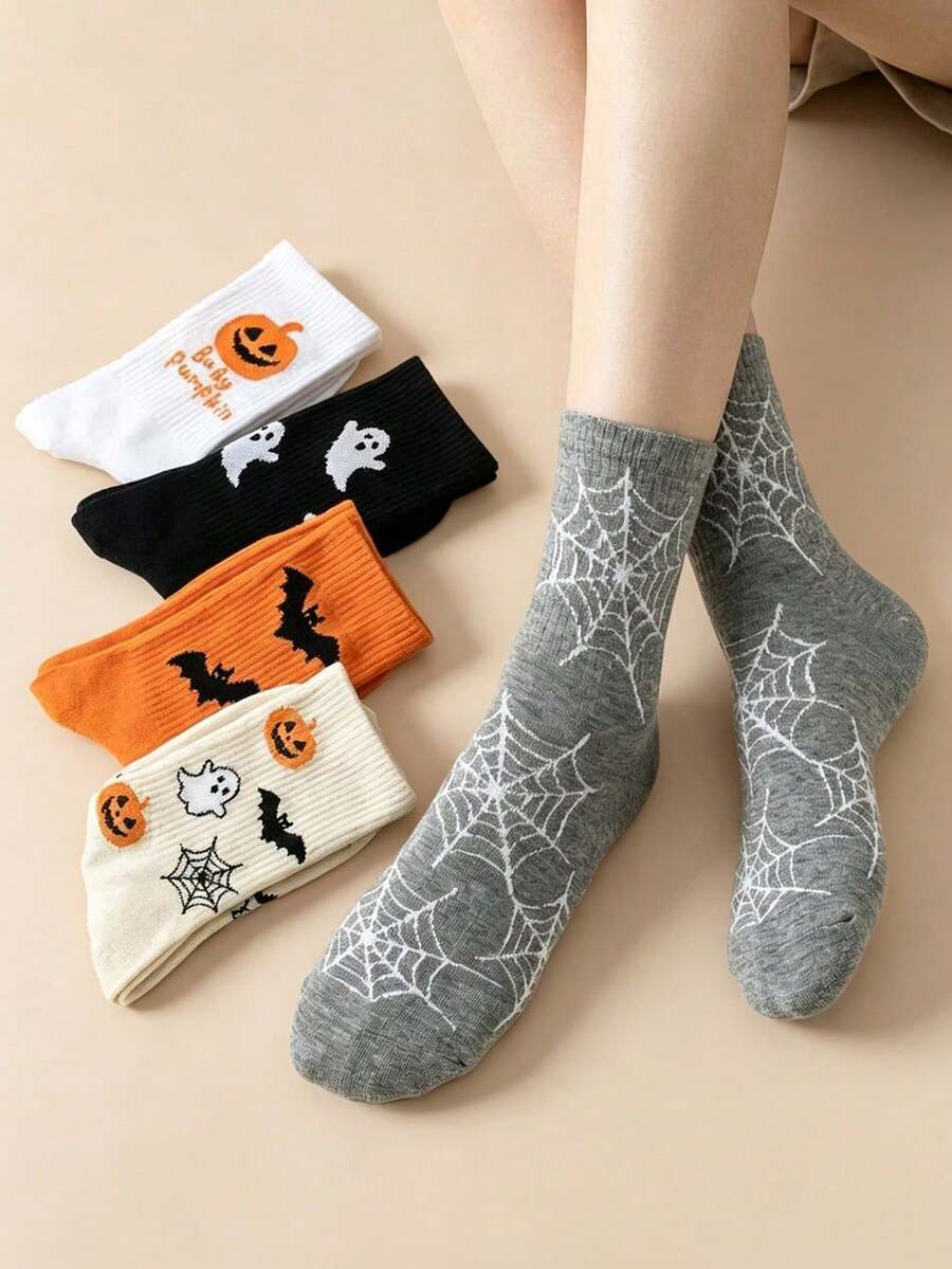 5 Pairs Women's Multi-Color Halloween Series Mid-Calf Socks, Pumpkin, Ghost, Bat, Spider Web Knitted Soft Socks, Suitable For Party And Daily Wear, Essential Gift For Friends - Multicolor - View 1