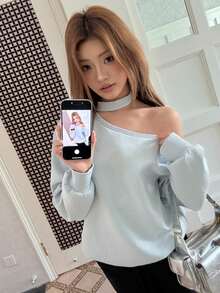 Fashion Minimalist Sky Blue Versatile Casual Design Asymmetrical Shoulder Long Sleeve Sweatshirt - Blue - View 4