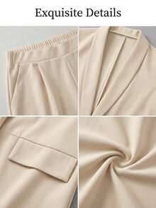 AIJ Setelan Wanita Musim Gugur yang Elegan Termasuk Blazer & Celana Pendek, Dengan Kerah, Lengan Reguler, Saku Praktis, Terbuat dari Bahan Elastis Sedang untuk Pakaian Pesta dan Kerja - Aprikot - View 4