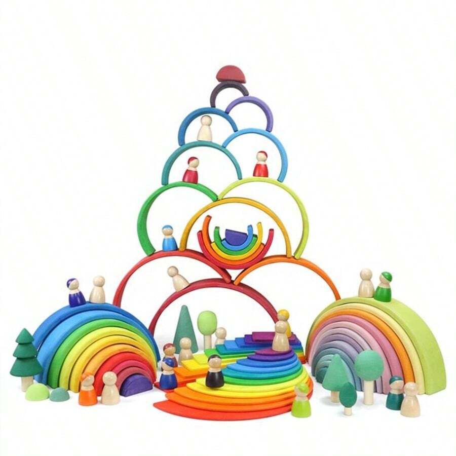 1 Set Montessori Wooden Rainbow Arch Building Blocks, Creative Stacking And Construction Toy For Children, Early Education Sensory Training Block Set - Multicolor - View 1