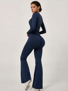 NcmRyu One Set Women's Round Neck Fitted Soft Long Sleeve High Waist Comfortable Flared Leggings Gym Training Running Aerobics Yoga Pilates Workout Set - Blue - View 3