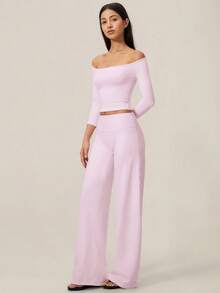 TimeOff Women's One Set Solid Color Open Shoulder Off Shoulder Mid-Sleeve Fitted Top And Wide Leg Long Pants - Pink - View 9