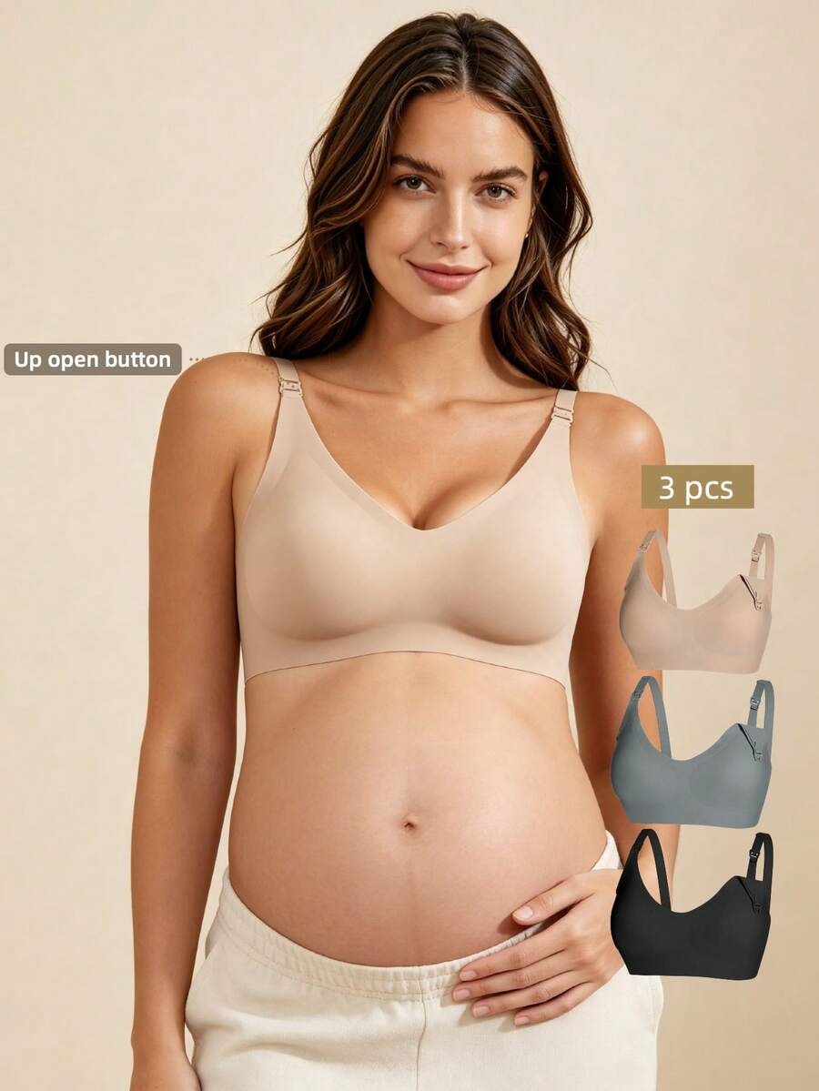 Hart & Haze 3pcs/Pack Pregnant & Nursing Bras, Front-Close Seamless Supportive Wireless Maternity Bras For All Seasons