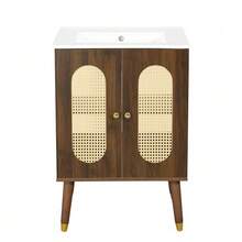 61cm Freestanding Bathroom Cabinet With Breathable Rattan Doors, Fixed Shelves & Large Storage Space Under Ceramic Washbasin, Faucet Not Included - 核桃 - 查看 1