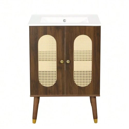 61cm Freestanding Bathroom Cabinet With Breathable Rattan Doors, Fixed Shelves & Large Storage Space Under Ceramic Washbasin, Faucet Not Included - 核桃 - 查看 1