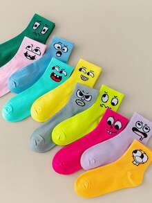 10 Pairs Random Mixed Color Kids Socks, Cartoon Cute Expression Pattern, Baby Boys & Girls, Japanese Style Versatile Mid-Calf Socks For Children & Teens - Multicolor - View 5