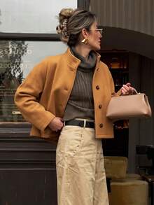 Jaket Pendek Wanita Warna Cokelat Muda dengan Kerah Tegak dan Kancing, Terbuat dari Campuran Wol, Lengan Panjang, Longgar, Minimalis, Gaya Streetwear Kasual Prancis untuk Musim Gugur - Khaki - View 8