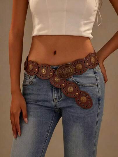 1pc Women's PU Grommet Round Belt, Fashionable Bohemian Style Clothing Accessory, Suitable For Daily Wear