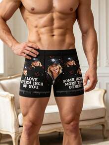 Men's Custom Black Boxer Briefs, Personalized Photo Print, Red Heart Pattern, Funny Custom Text, Soft Elastic Fabric - Multicolor - View 2