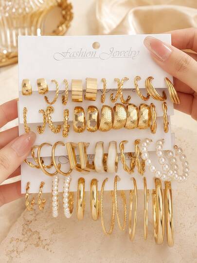 12/48pcs Y2K Punk Style Metal Women Earrings Set, Faux Pearl Round Hoop Oil Drop Earrings, Hollow Design Jewelry, Suitable For Daily Wear, Autumn Decorative Ear Accessories
