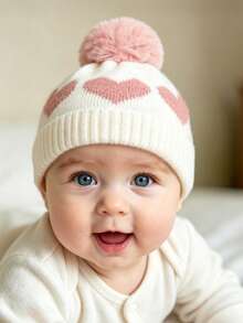1pc Baby Girl Newborn Toddler Pom-Pom Heart Beanie Hat Earflap Hat,Cozy Knit Winter Warm Heart Cute Hat For Kids, Outdoor Baby Accessories Bonnet - Multicolor - View 4
