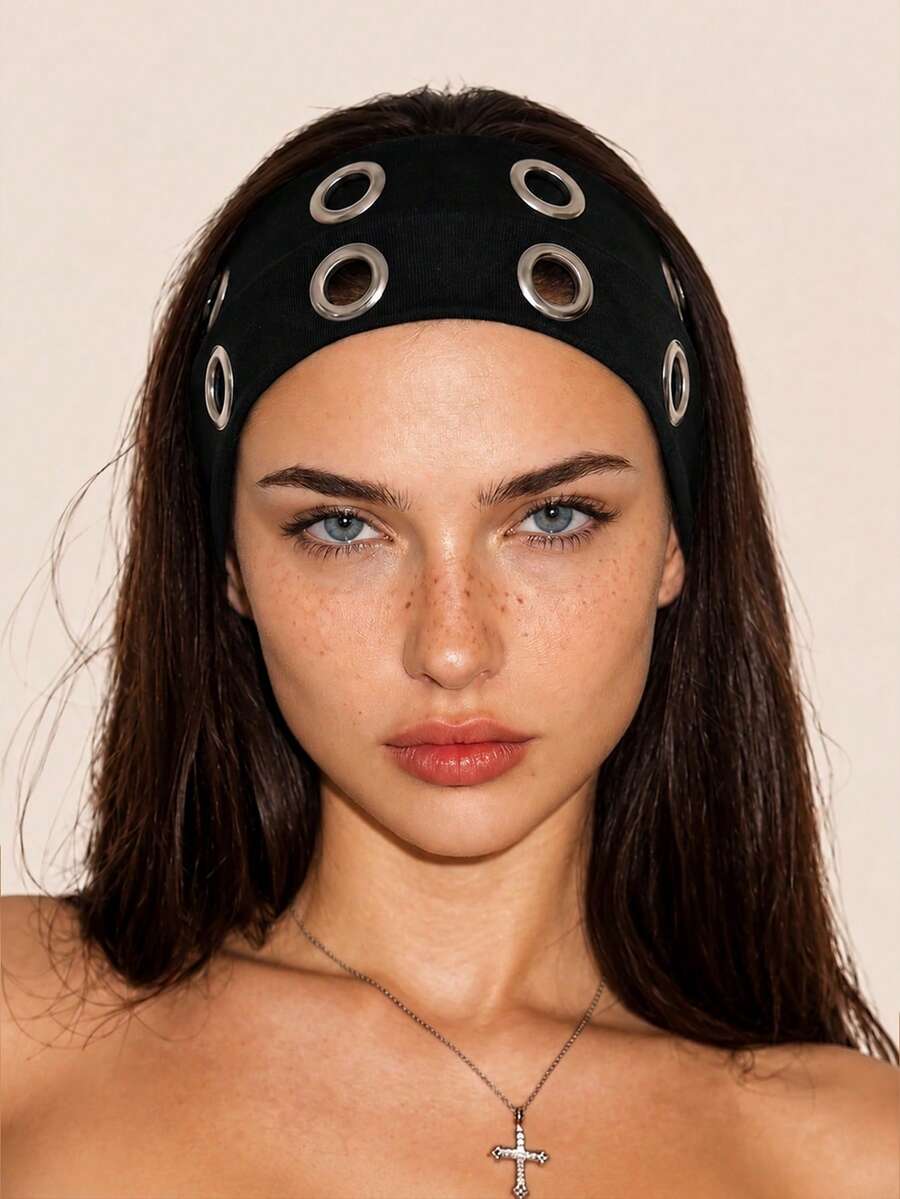 1pc Punk Style Black Faux Leather Metal Hollow Headband, Fashionable Versatile, Autumn/Winter Style, Hair Accessory - Black - View 1