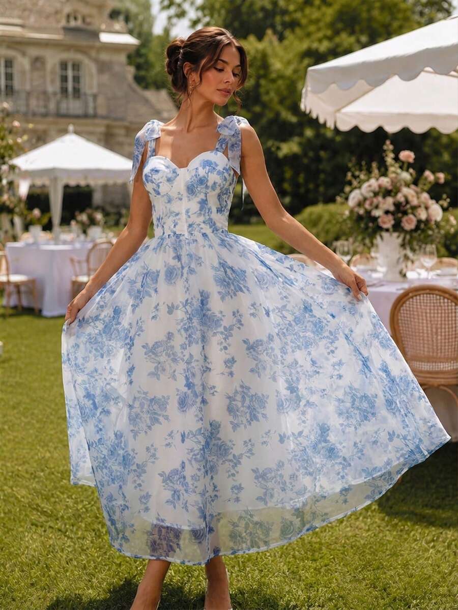 Women's Blue Floral Print Bow Tie Shoulder Mid-Length Dress, Sweetheart Neckline, Cinched Waist, Flared Skirt, Summer Autumn Garden Party, Wedding Guest, Holiday Vacation - Blue - View 1