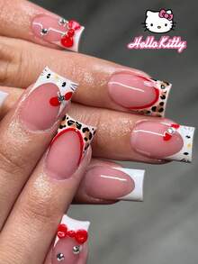 Sanrio Hello Kitty 24pcs Short Square Leopard Print French Style Press-On Nails, With Hello Kitty, Red Bow And Rhinestone Decor, Perfect Fit Acrylic Fake Nails Set, Includes 1pc Jelly Glue And 1pc Nail File, Suitable For Girls' Daily And Party Use - Multicolor - View 1