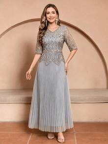 JINLICX Luxury Grey V‑Neck Rhinestone Beaded Peplum Pleated Floor‑Length Banquet Evening Dress - Silver - View 2