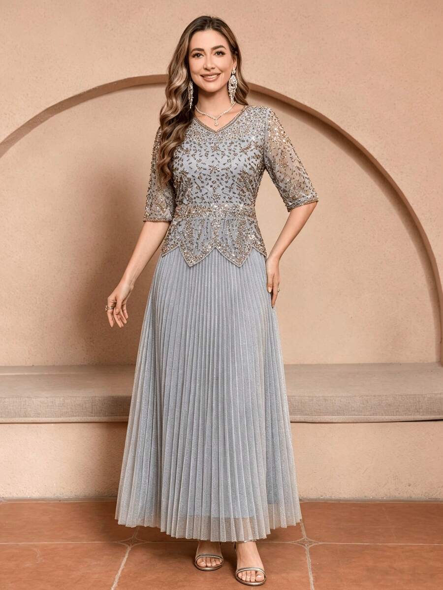JINLICX Luxury Grey V‑Neck Rhinestone Beaded Peplum Pleated Floor‑Length Banquet Evening Dress