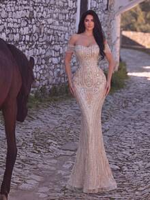 Elegant Off-Shoulder Mermaid Gown With Beaded Tulle, Suitable For Weddings, Red Carpet And Formal Evenings - Baby Pink - View 9