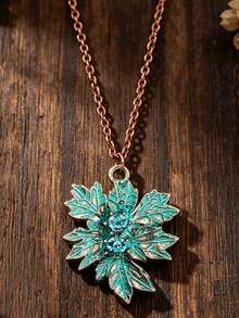 1pc Fashion Distressed Vintage Green Leaf Pendant Necklace, Women's High-End Style Synthetic Rhinestone Leaf Pendant Necklace - Red Copper - View 5