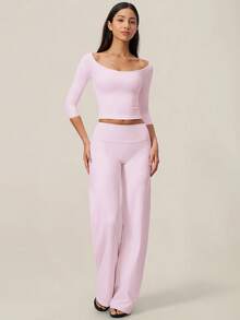 TimeOff Women's One Set Solid Color Open Shoulder Off Shoulder Mid-Sleeve Fitted Top And Wide Leg Long Pants - Pink - View 5
