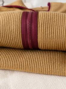 Boys' Hooded Full Zip Long Sleeve Knit Cardigan With Contrast Trim Design, Simple Casual Versatile Knit Jacket Suitable For School Daily Wear In Autumn/Winter - Khaki - View 9