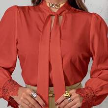 Elegant Women's Blouse, V-Neck With Bow, Embroidered Lace Blouse, Bell Sleeve Top, Women's Lace Tops - 亮橙色 - 查看 3
