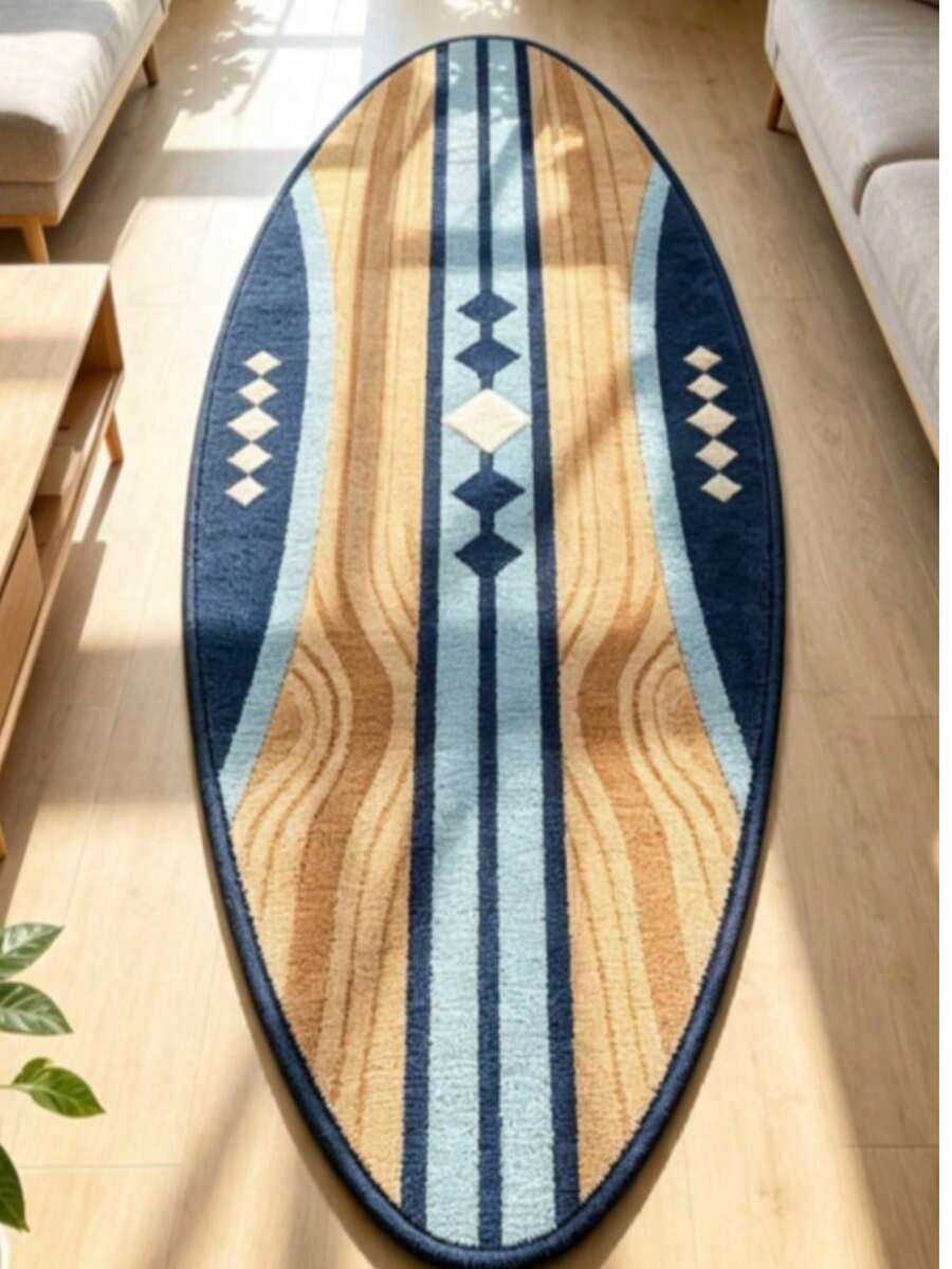 1pc Surfboard Shaped Geometric Striped Rug, Faux Wool Bedside Mat, Decorative Carpet, Bedroom Decor, Small Rug, Carpet, Home Decor, Living Room Carpet, Living Room Small Rug, Bedroom Rug, Living Room Home Decor, Outdoor Rug, Washable Carpet - Multicolor - View 1