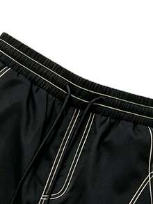 Men Contrast Stitch Drawstring Elastic Waist Wide‑Leg Outdoor Sports Pants, Loose Fit Casual Trousers - Black - View 4