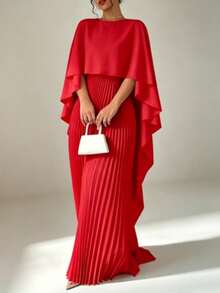 New stylish loose batwing sleeve pleated irregular elegant long dress - Rojo - Ver 1