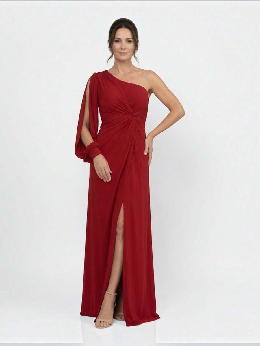 Long Sleeve Maxi Dress For Bridesmaid, Wedding, Graduation, Party, Lightweight - 紅色 - 查看 1