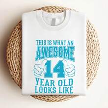 Camiseta de mujer con estampado de "14º Cumpleaños Chico" para 14 años - Estampado de pulgar hacia arriba y número 14 en turquesa y blanco, camiseta casual de cuello redondo, idea de regalo - Blanco - Ver 3