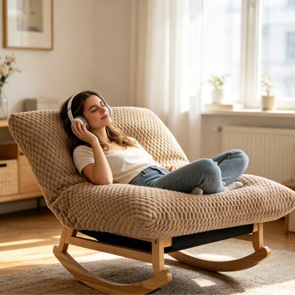 Bean Bag Rocking Chair For Adults With Solid Wood Frame, Armless Accent Lazy Single Sofa, Corduroy Fabric Rocker Chair With Backrest, Casual Single Seat Furniture For Living Room, Bedroom